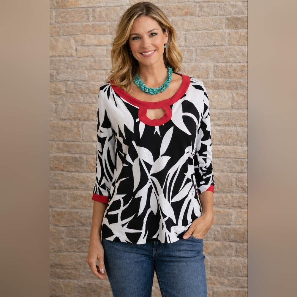 City Girl By Nancy Bolen Red,  White, & Black Beaded Blousesz L